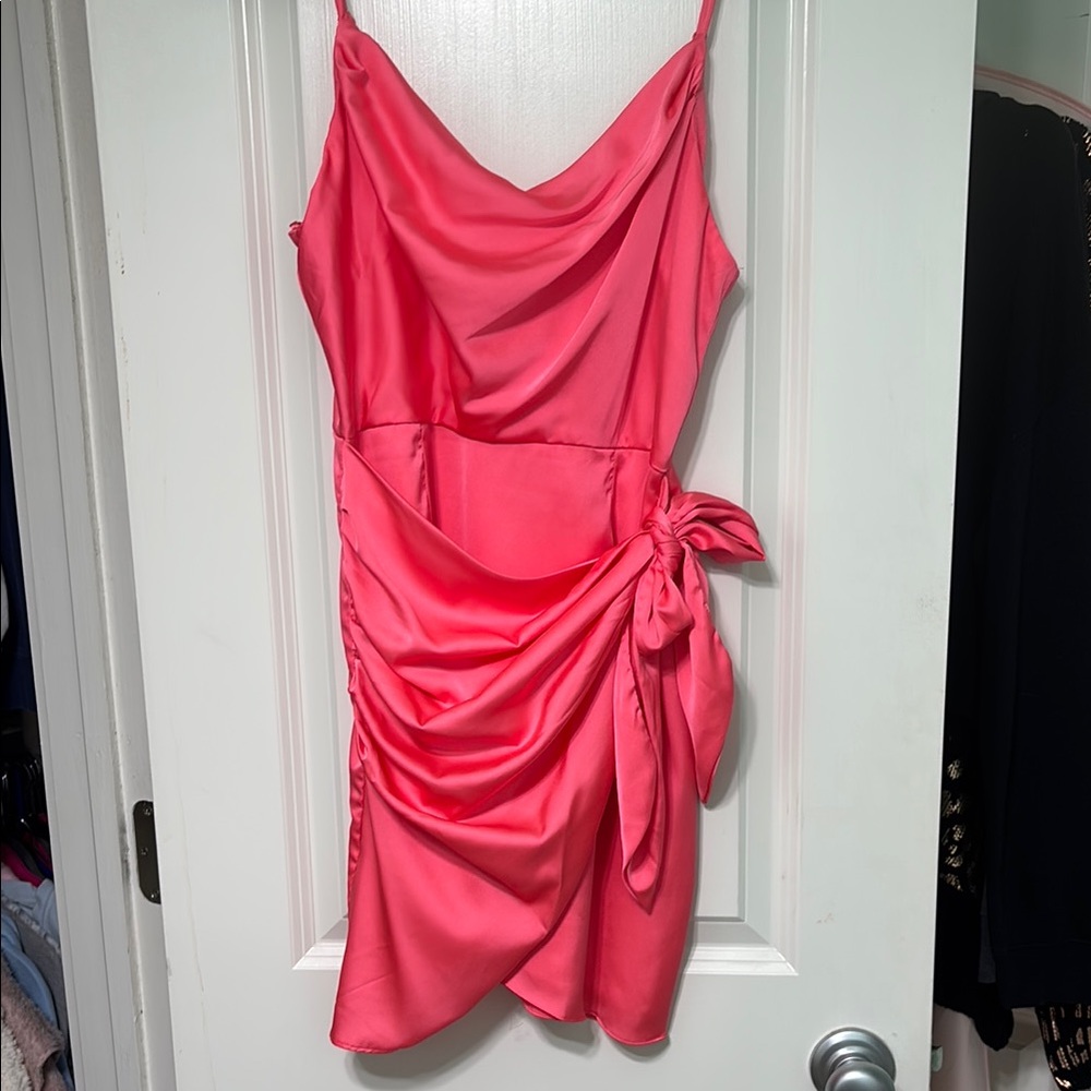 DO+BE Hot Pink Satin Cowl-Neck Mini Dress with Side Tie